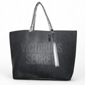 Victorias Secret Tote Bag Black Large Silver Lining Pebbled Perforated Logo New